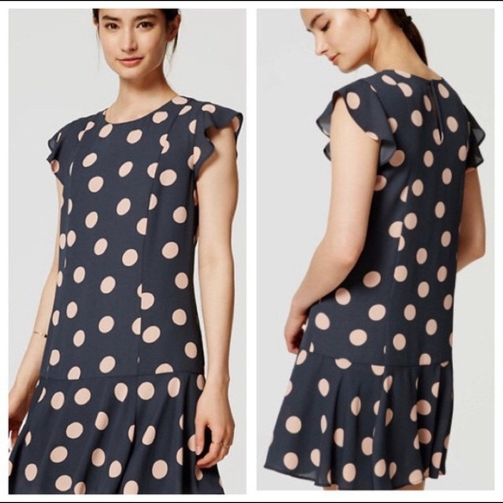 NWT Loft Polka Dot Flounce Dress Petrol Grey Pink - Picture 8 of 8